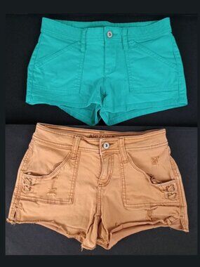 Lot of 2 Arizona Jean Junior Teen's Size 1 Denim Shorts Green and Camel Brown